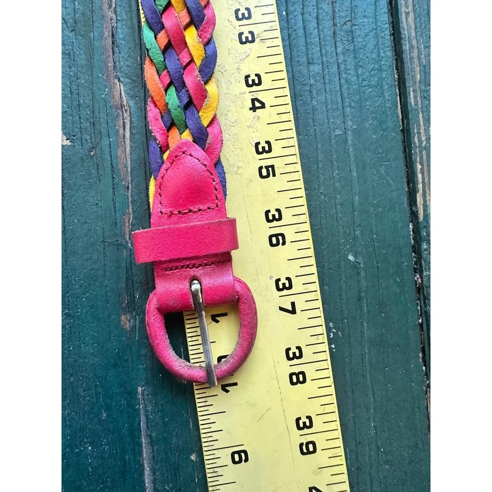 Vintage Argentina Multi Color Braided Leather Belt Rainbow Boho Woven Small